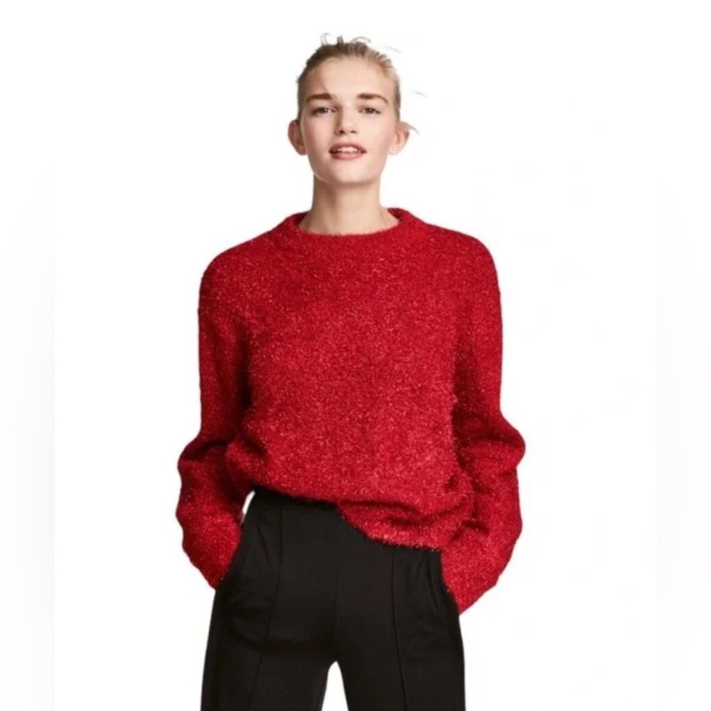 H&M Red Fuzzy Eyelash Crew Neck Sweater Long Sleeve Holiday Xmas Small Sparkly